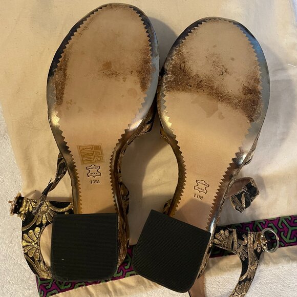 Tory Burch Gold/Black Brocade Fabric Loretta Platform Heels Size 11 - Picture 5 of 10
